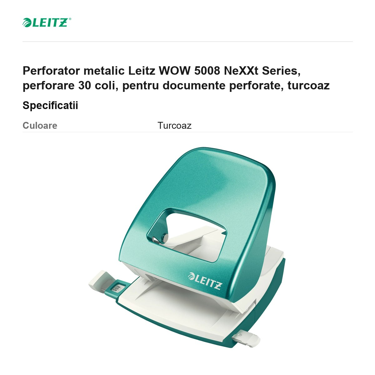 Perforator metalic Leitz WOW 5008 NeXXt Series, perforare 30 coli, pentru documente perforate, turcoaz [3]