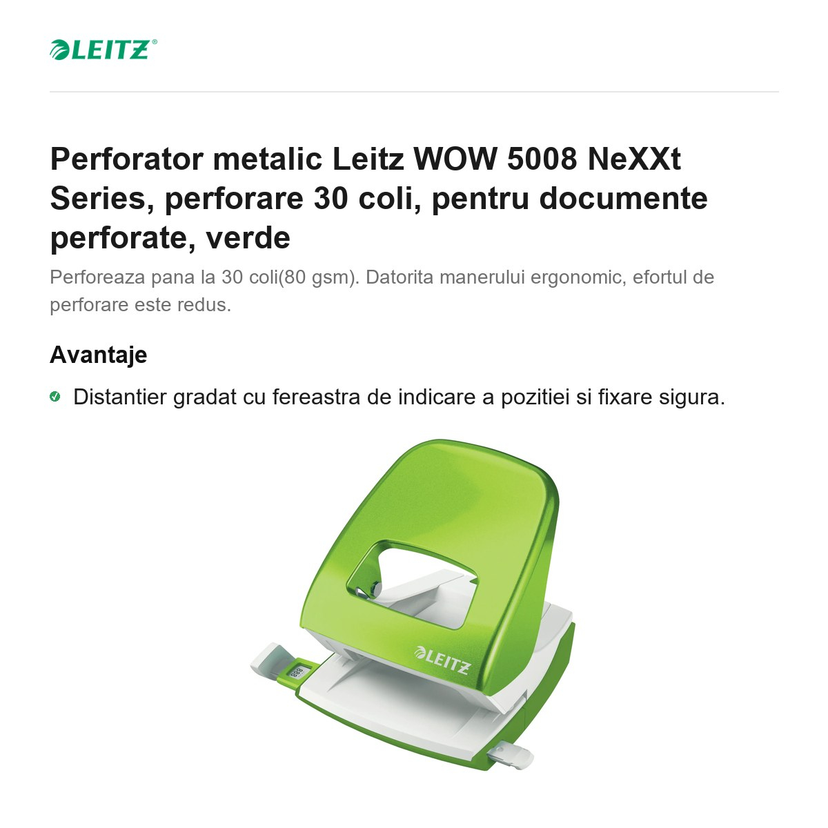 Perforator metalic Leitz WOW 5008 NeXXt Series, perforare 30 coli, pentru documente perforate, verde [2]