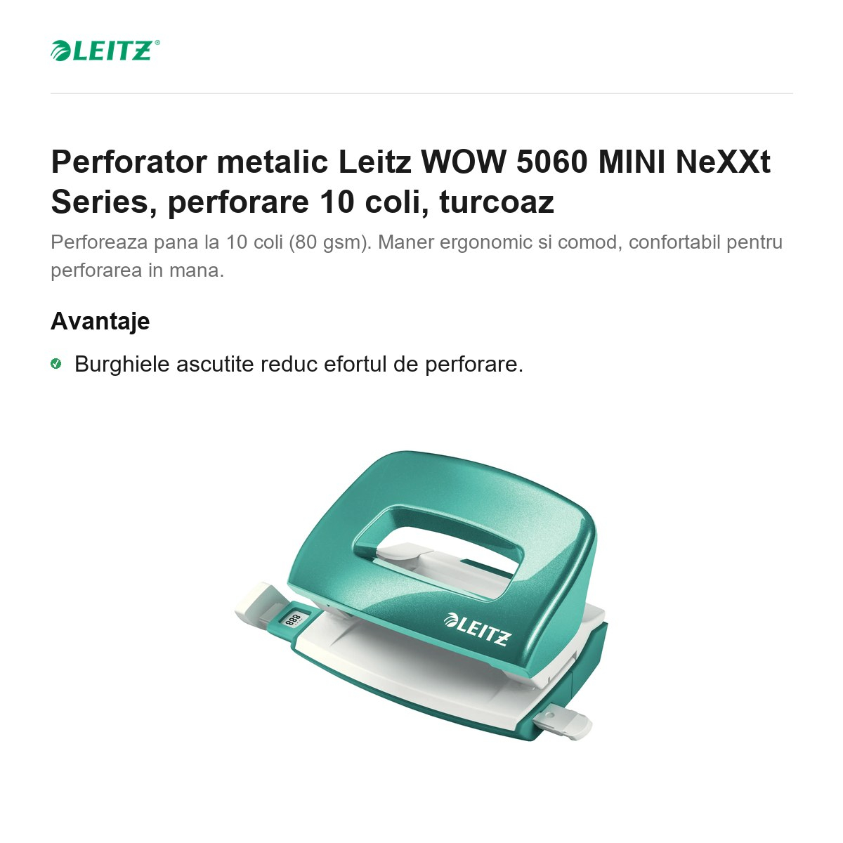 Perforator metalic Leitz WOW 5060 MINI NeXXt Series, perforare 10 coli, turcoaz [2]