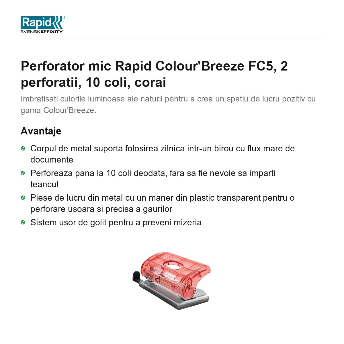 Perforator mic Rapid Colour'Breeze FC5, 2 perforatii, 10 coli, corai [2]