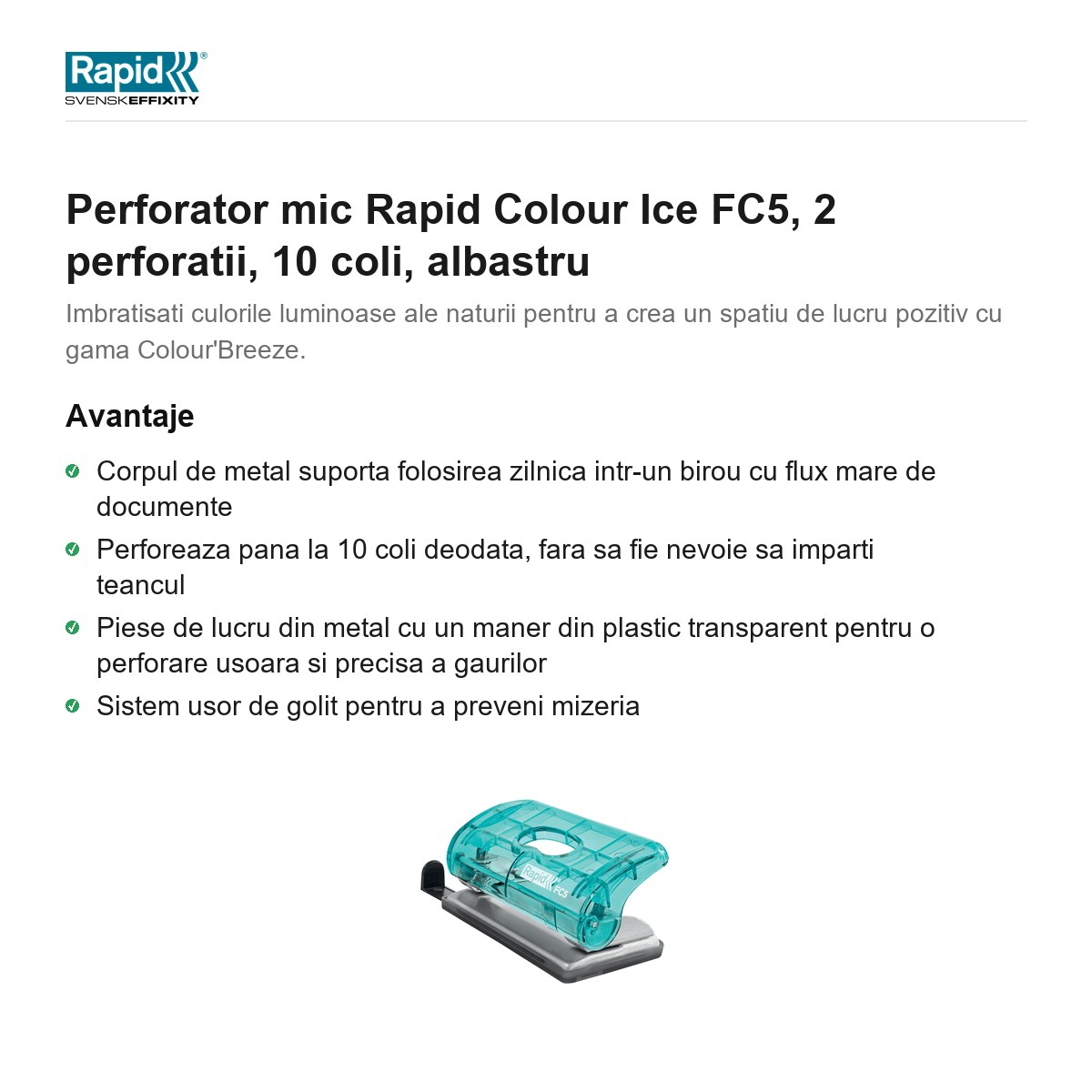 Perforator mic Rapid Colour Ice FC5, 2 perforatii, 10 coli, albastru [2]