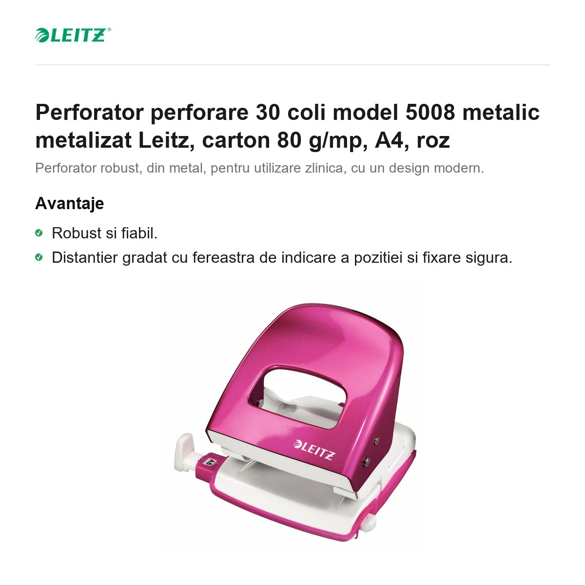 Perforator perforare 30 coli model 5008 metalic metalizat Leitz, carton 80 g/mp, A4, roz [2]