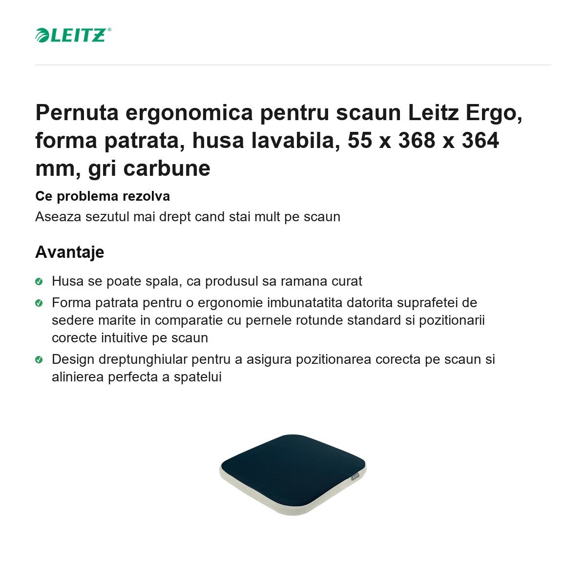 Pernuta ergonomica pentru scaun Leitz Ergo, forma patrata, husa lavabila, 55 x 368 x 364 mm, gri carbune [2]