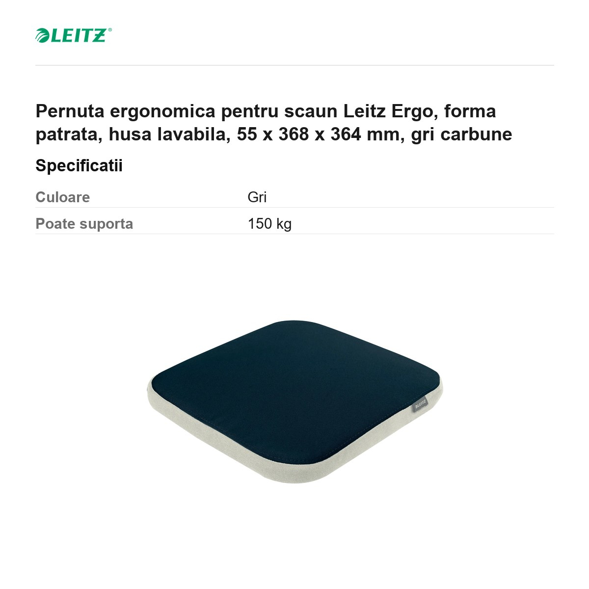 Pernuta ergonomica pentru scaun Leitz Ergo, forma patrata, husa lavabila, 55 x 368 x 364 mm, gri carbune [3]