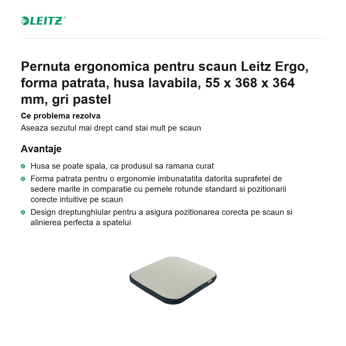 Pernuta ergonomica pentru scaun Leitz Ergo, forma patrata, husa lavabila, 55 x 368 x 364 mm, gri pastel [2]