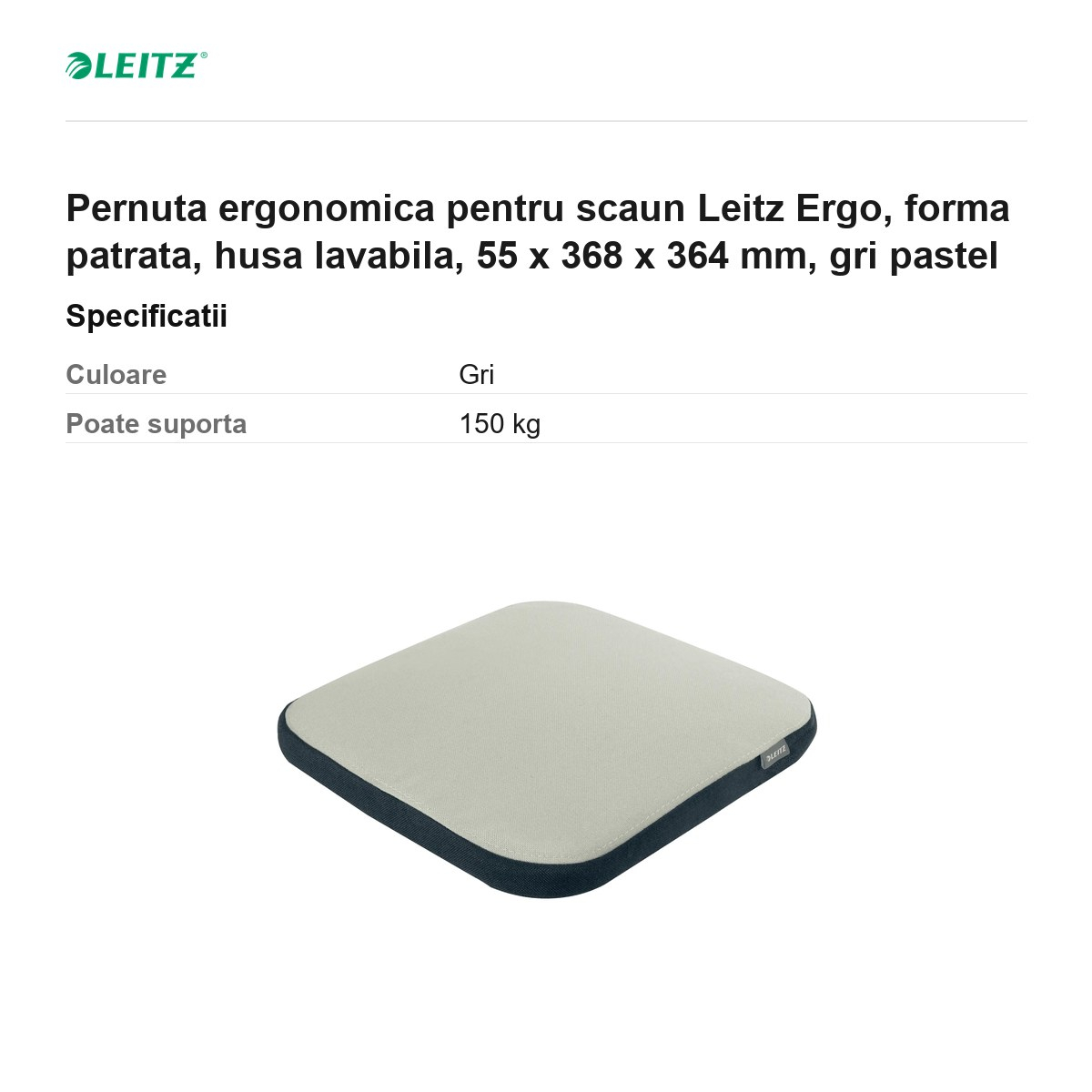Pernuta ergonomica pentru scaun Leitz Ergo, forma patrata, husa lavabila, 55 x 368 x 364 mm, gri pastel [3]