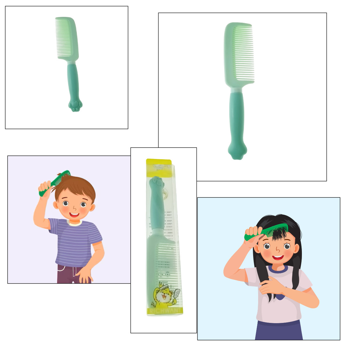 Pieptan cu maner figurina, din plastic moale, pentru copii, G39-V21 60247, verde [4]