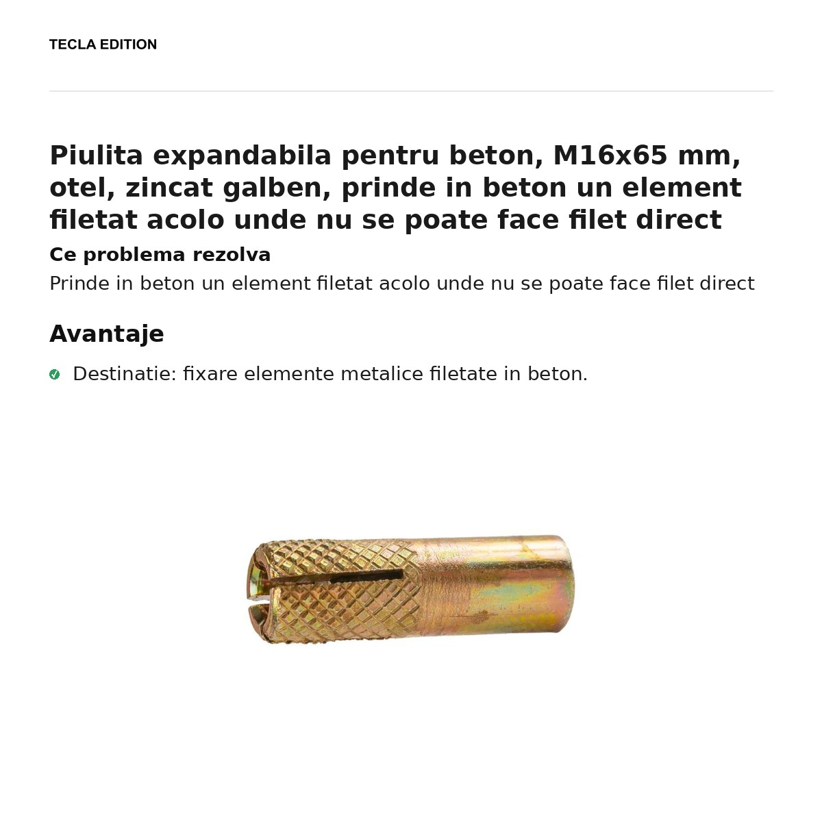 Piulita expandabila pentru beton, M16x65 mm, otel, zincat galben, prinde in beton un element filetat acolo unde nu se poate face filet direct [2]