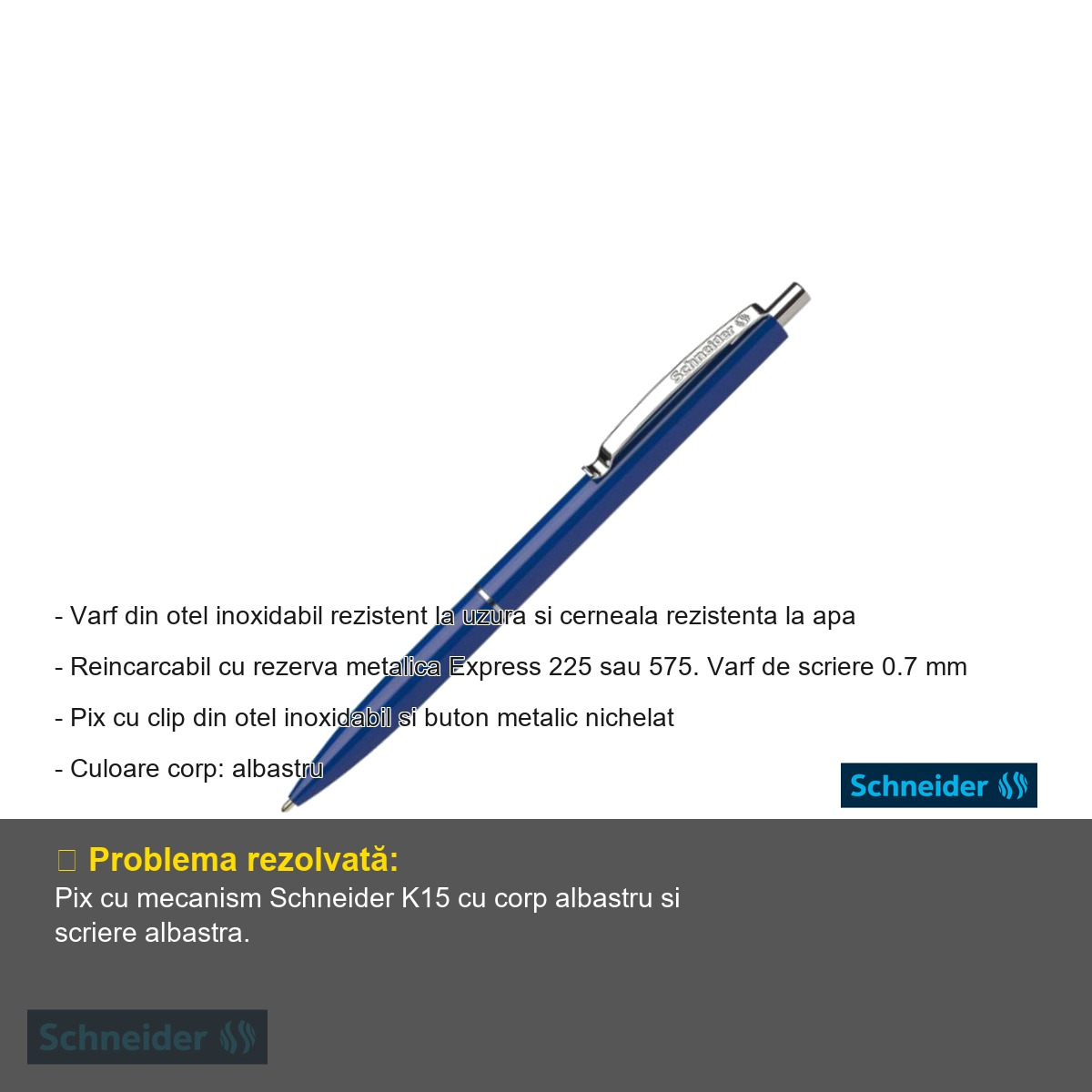 Pix cu mecanism Schneider K15, varf 0.7 mm, corp albastru, reincarcabil, pentru birou si uz zilnic [2]
