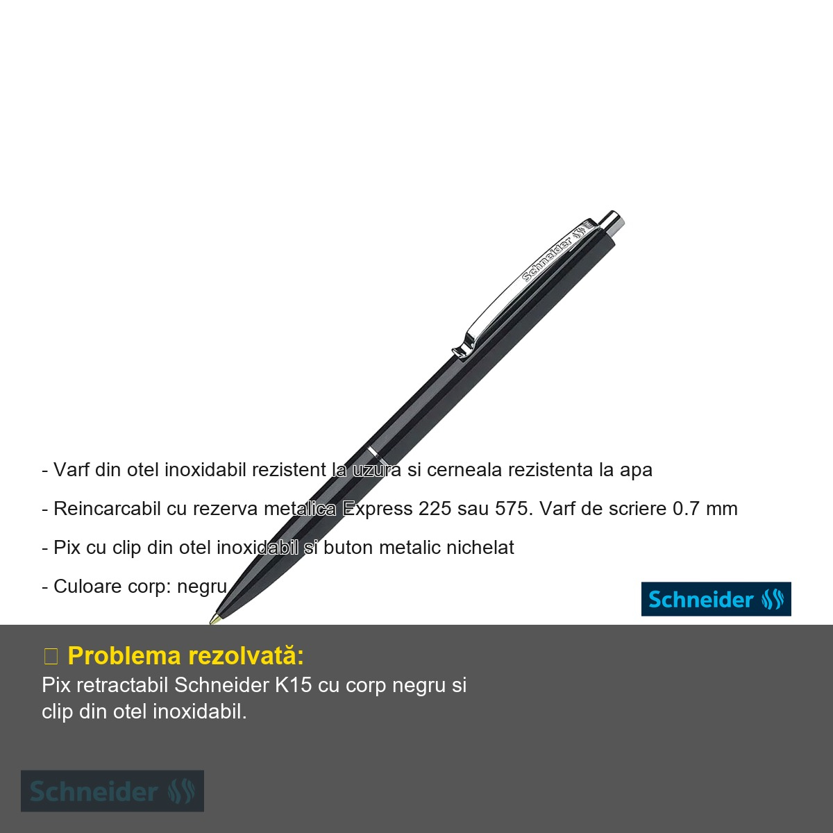 Pix cu mecanism Schneider K15, varf 0.7 mm, corp negru, scriere albastra, reincarcabil, pentru birou si uz zilnic [4]