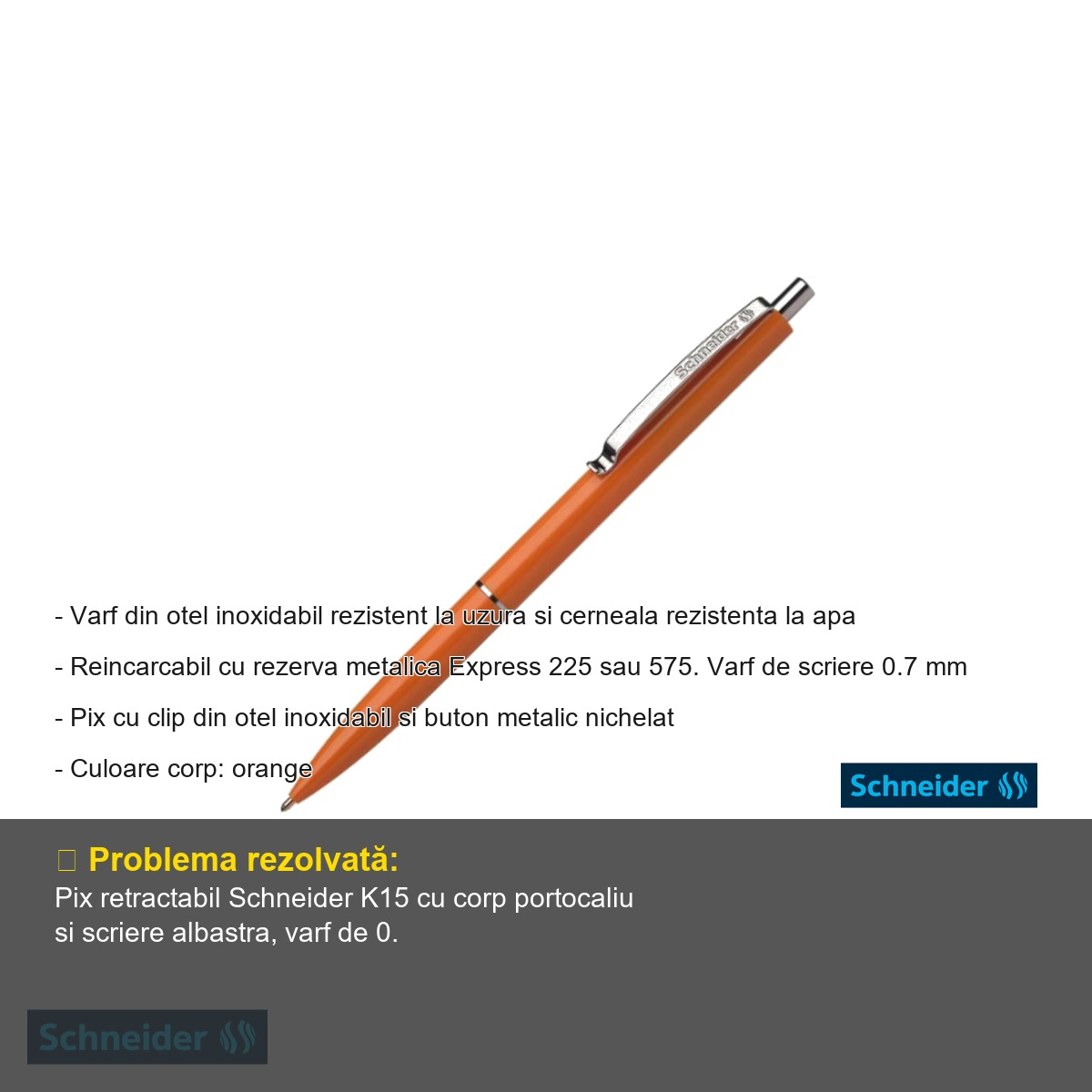 Pix cu mecanism Schneider K15, varf 0.7 mm, corp portocaliu, scriere albastra, reincarcabil [2]