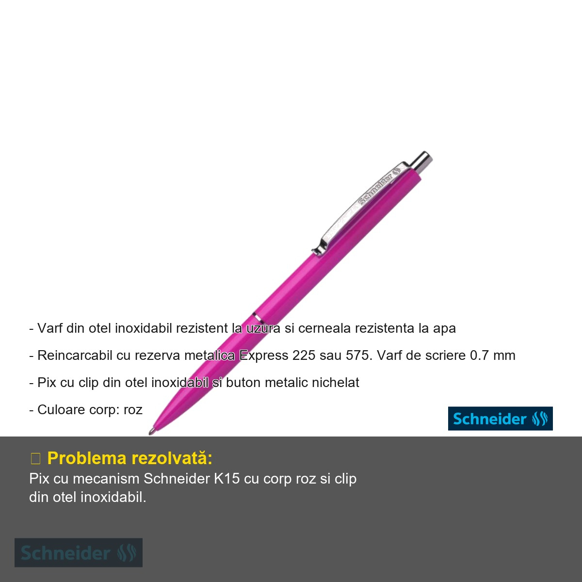 Pix cu mecanism Schneider K15, varf 0.7 mm, corp roz, scriere albastra, reincarcabil [2]