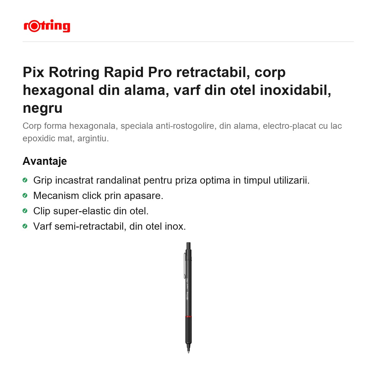 Pix Rotring Rapid Pro retractabil, corp hexagonal din alama, varf din otel inoxidabil, negru [2]