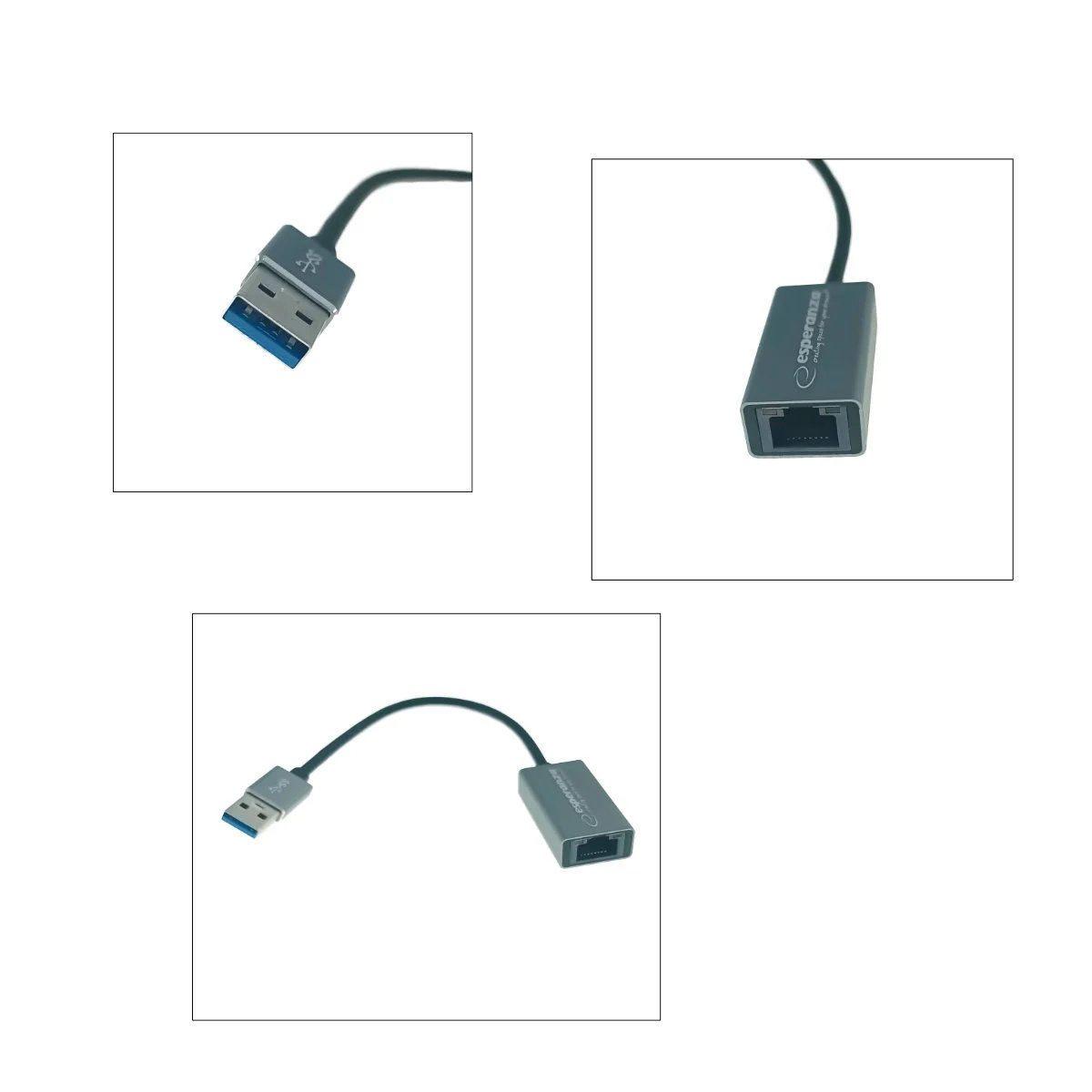 Placa de retea  Esperanza 95883, USB 3.0 tata la RJ-45 mama, adaptor Ethernet, internet 10/100/1000 Mbit/s, cablu 18 cm, gri [2]