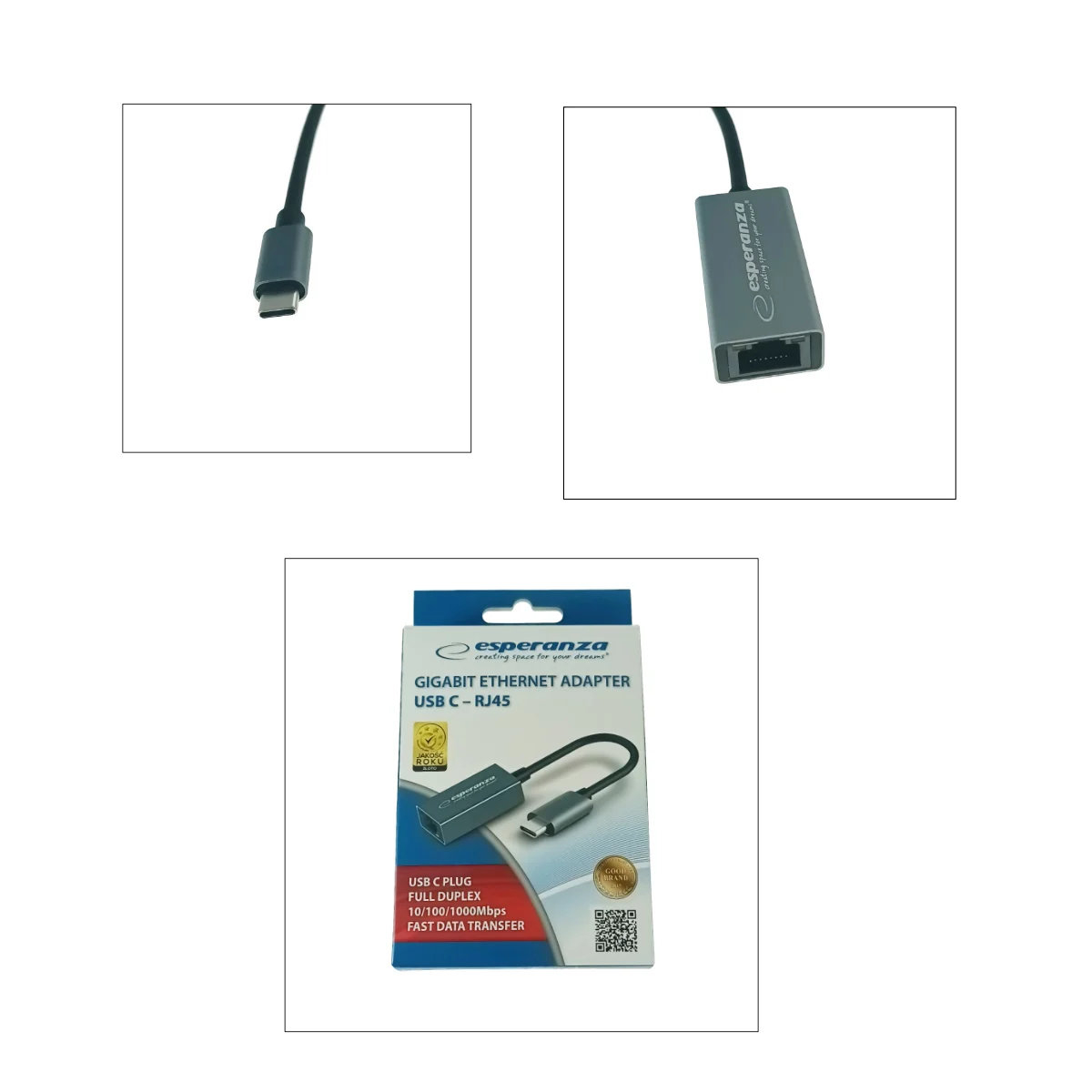 Placa de retea Esperanza 95884, RJ-45, 10/100/1000 Mbit/s, cu adaptor USB-C, cablu 18 cm, gri [5]