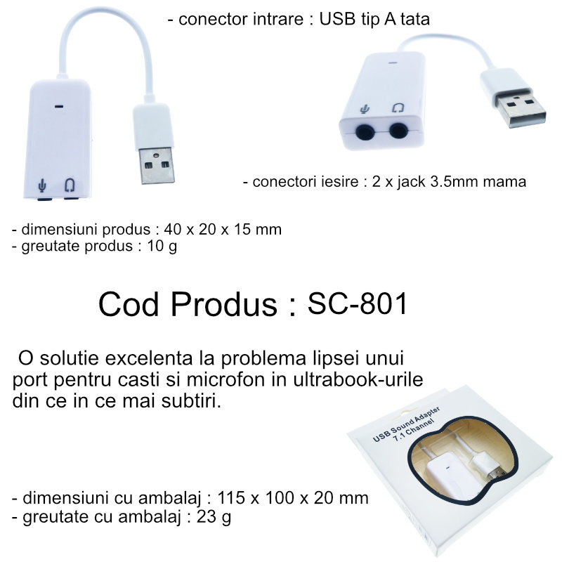 Placa de sunet USB , Virtual 7.1 Channel, adaptor pentru casti si microfon, alba [14]