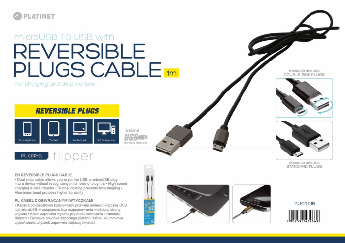PLATINET-Cablu USB- microUSB reversible plugs, 1 m, Black [4]