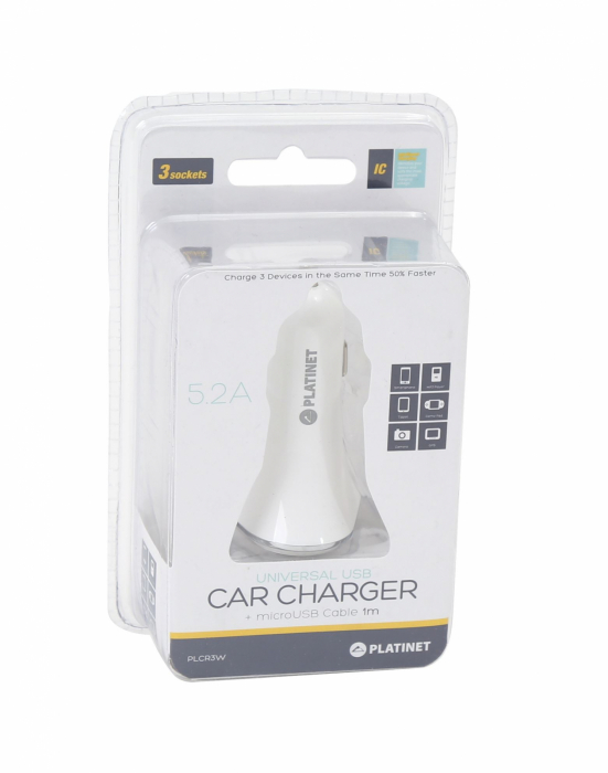 PLATINET CAR CHARGER 3XUSB 5.2A + microUSB cable 1m white [43722] [3]