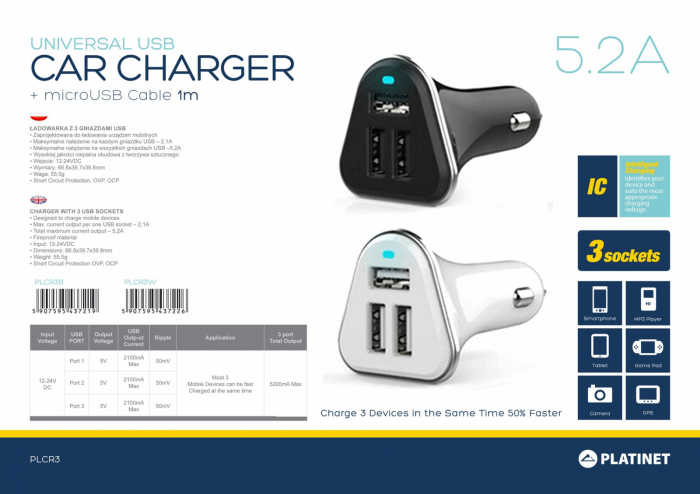 PLATINET CAR CHARGER 3XUSB 5.2A + microUSB cable 1m white [43722] [5]