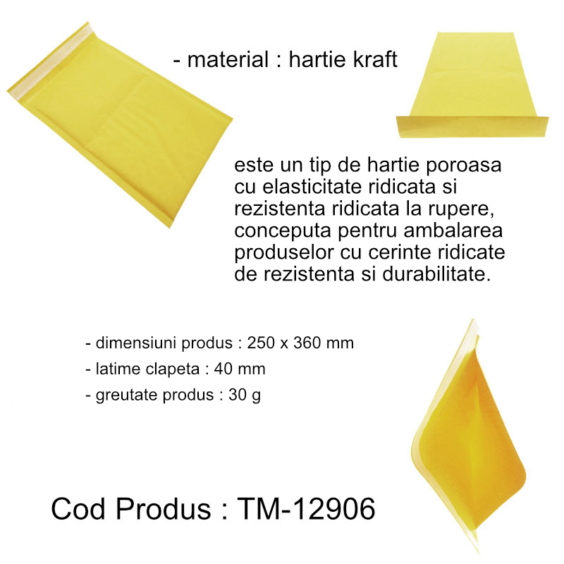 Plic anti-soc cu bule, 250 x 360 mm, cu clapeta de 40mm adeziva, galben [12]