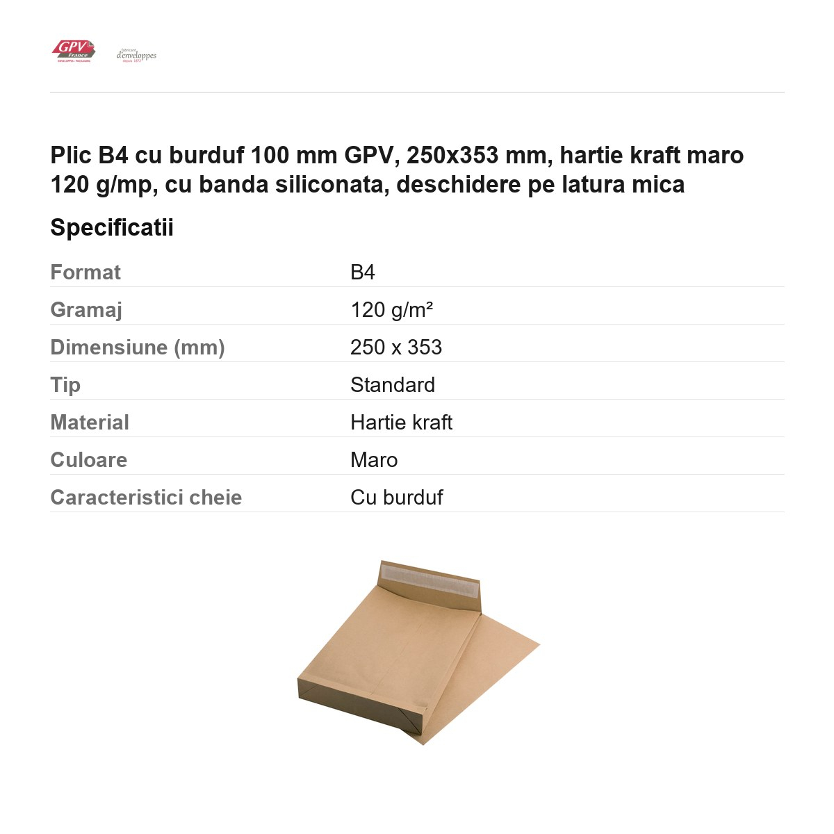 Plic B4 cu burduf 100 mm GPV, 250x353 mm, hartie kraft maro 120 g/mp, cu banda siliconata, deschidere pe latura mica [3]