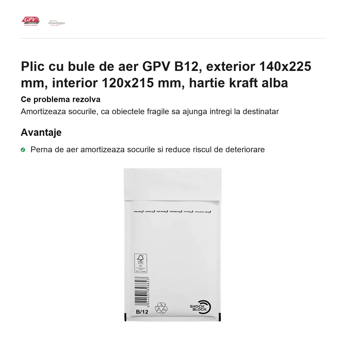 Plic cu bule de aer GPV B12, exterior 140x225 mm, interior 120x215 mm, hartie kraft alba [2]