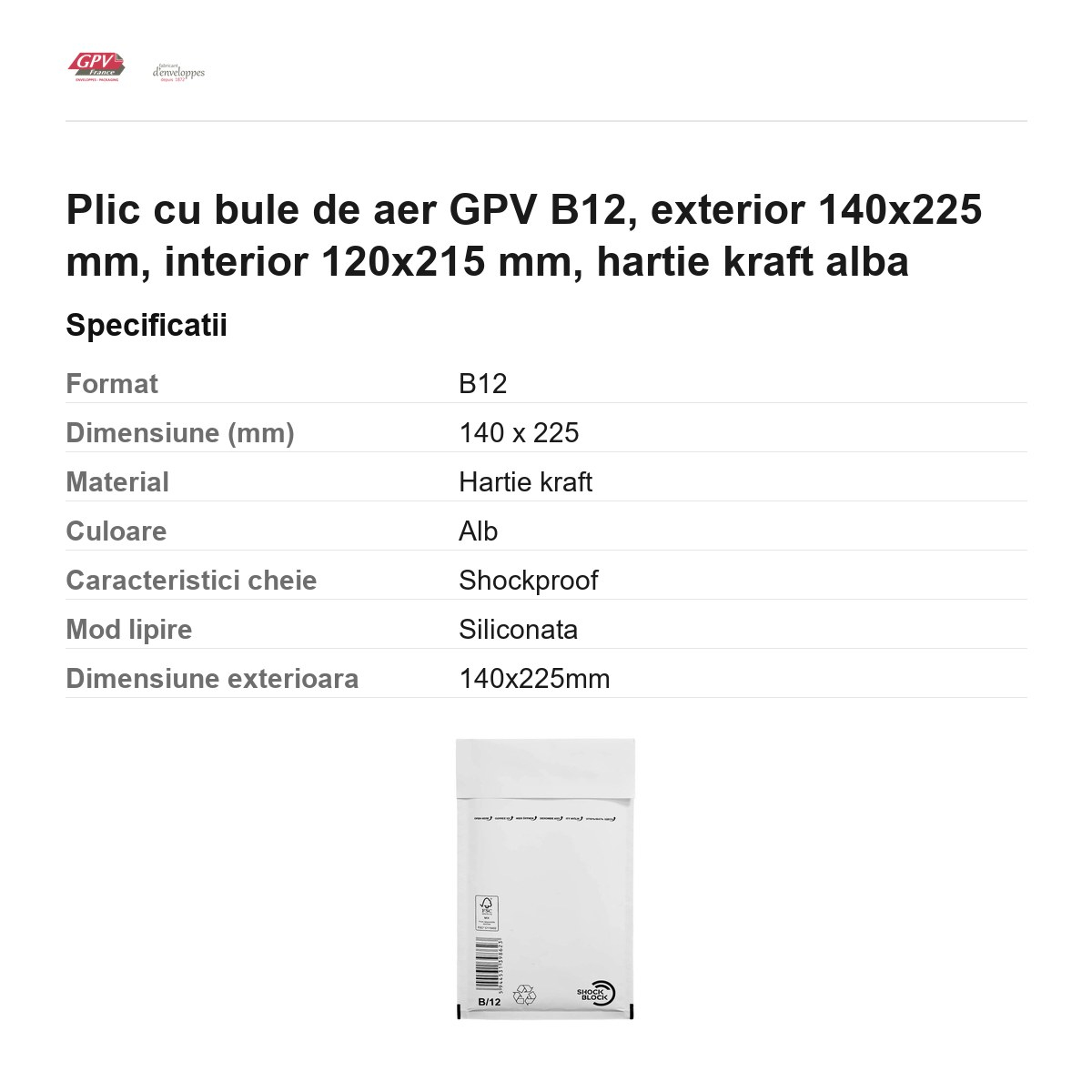 Plic cu bule de aer GPV B12, exterior 140x225 mm, interior 120x215 mm, hartie kraft alba [3]