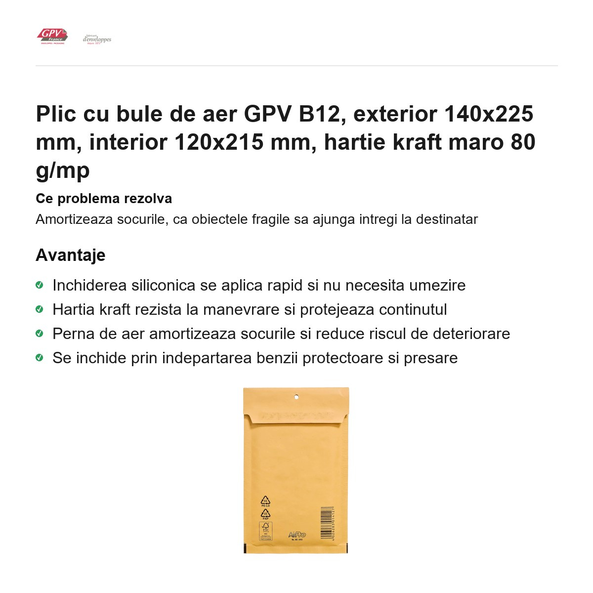 Plic cu bule de aer GPV B12, exterior 140x225 mm, interior 120x215 mm, hartie kraft maro 80 g/mp [2]