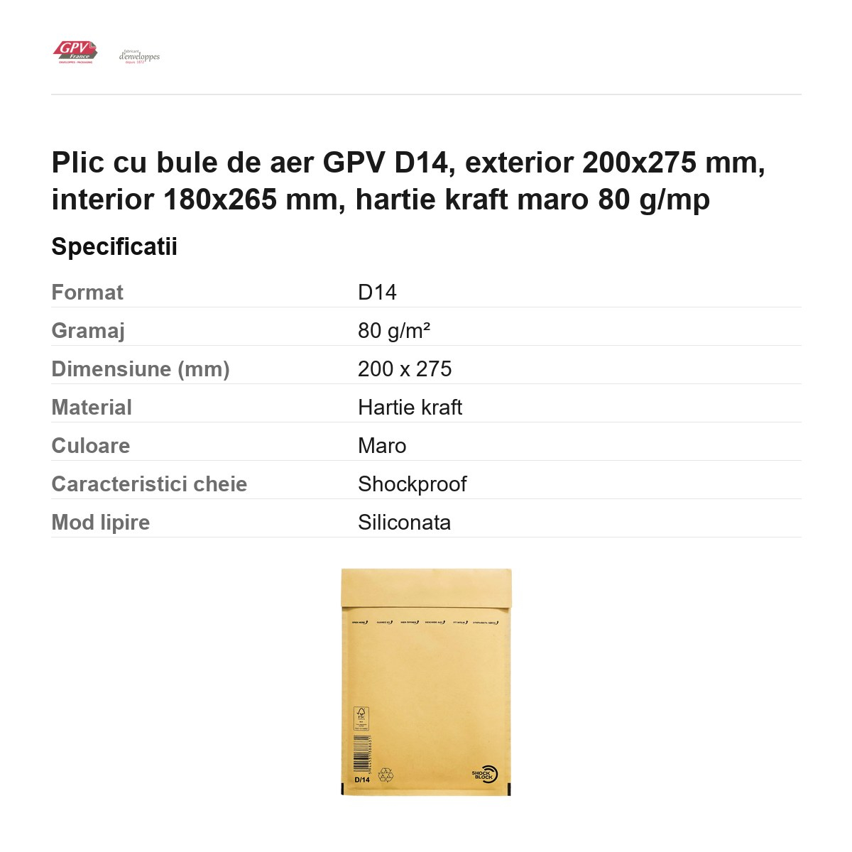 Plic cu bule de aer GPV D14, exterior 200x275 mm, interior 180x265 mm, hartie kraft maro 80 g/mp [3]
