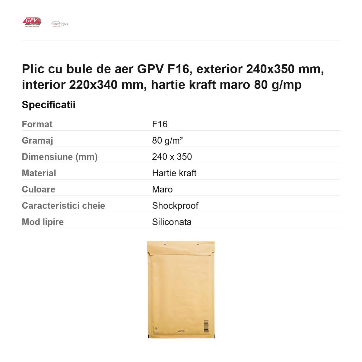 Plic cu bule de aer GPV F16, exterior 240x350 mm, interior 220x340 mm, hartie kraft maro 80 g/mp [3]