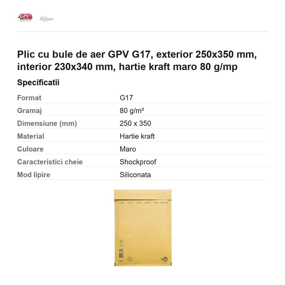 Plic cu bule de aer GPV G17, exterior 250x350 mm, interior 230x340 mm, hartie kraft maro 80 g/mp [3]