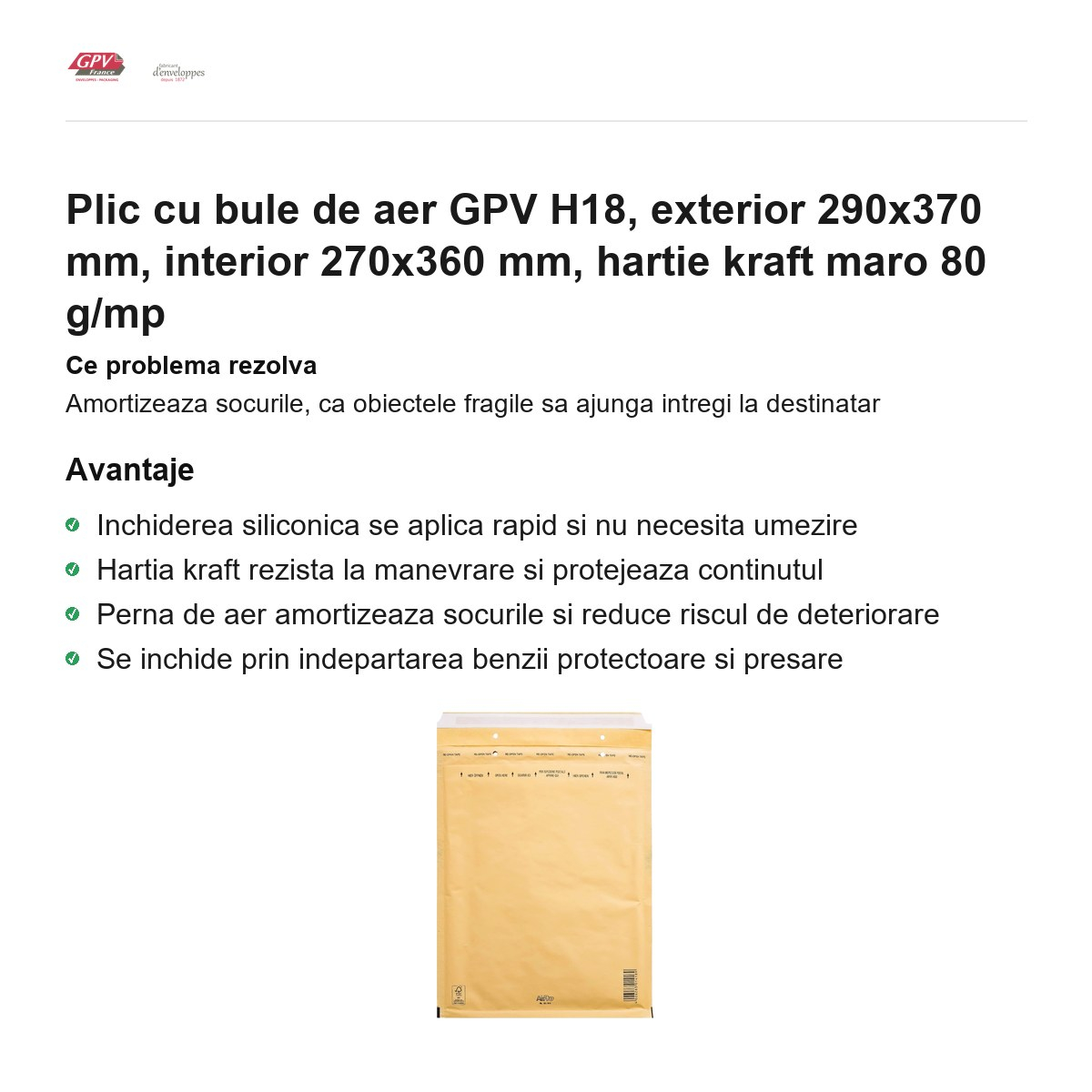 Plic cu bule de aer GPV H18, exterior 290x370 mm, interior 270x360 mm, hartie kraft maro 80 g/mp [2]