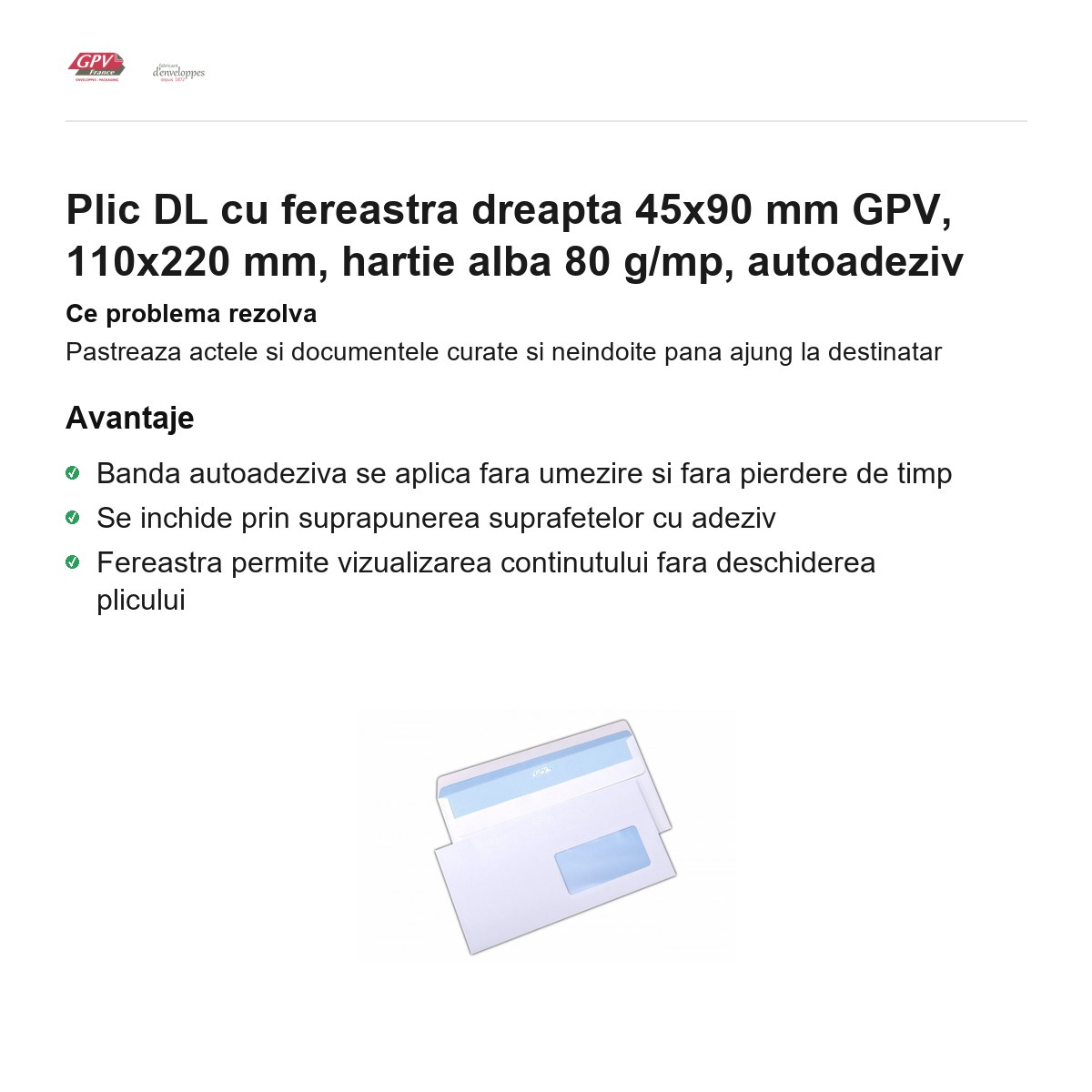 Plic DL cu fereastra dreapta 45x90 mm GPV, 110x220 mm, hartie alba 80 g/mp, autoadeziv [2]