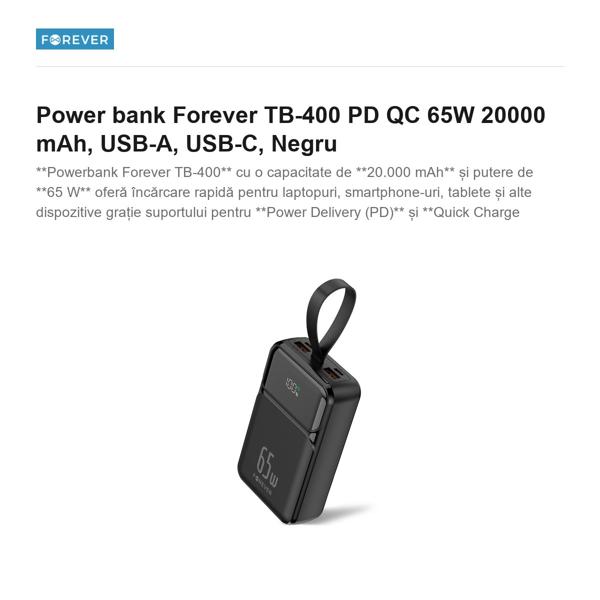 Power bank Forever TB-400 PD QC 65W 20000 mAh, USB-A, USB-C, Negru [2]