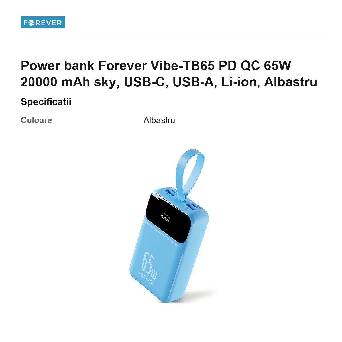 Power bank Forever Vibe-TB65 PD QC 65W 20000 mAh sky, USB-C, USB-A, Li-ion, Albastru [3]