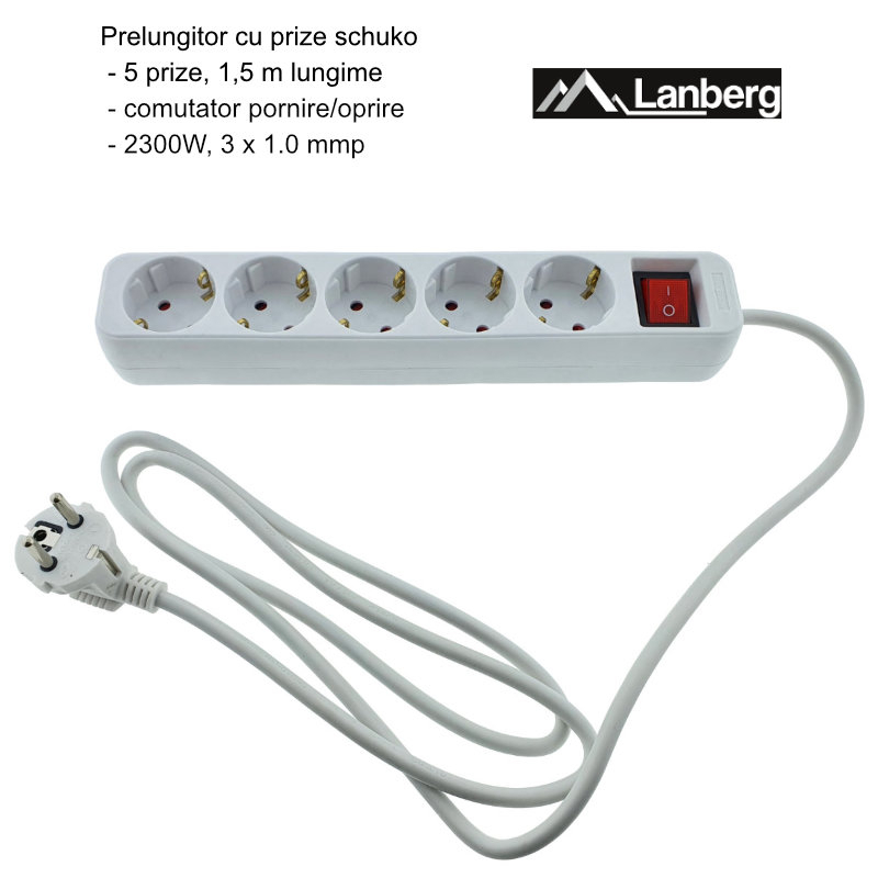 Prelungitor cu 5 prize schuko, Lanberg 42916, cu intrerupator, lungime 1,5 m, 2300W, contact de protectie, alb [6]