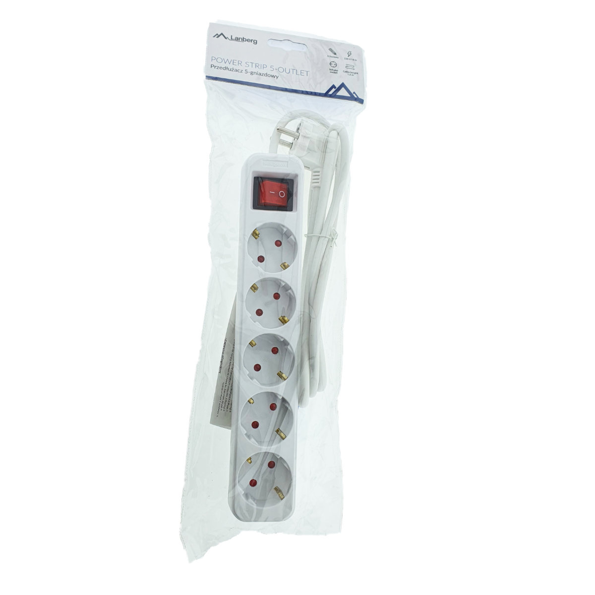 Prelungitor cu 5 prize schuko, Lanberg 42916, cu intrerupator, lungime 1,5 m, 2300W, contact de protectie, alb [5]