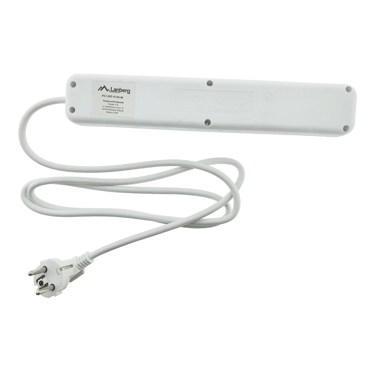 Prelungitor cu 5 prize schuko, Lanberg 42916, cu intrerupator, lungime 1,5 m, 2300W, contact de protectie, alb [4]