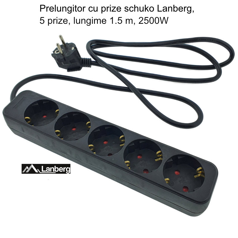Prelungitor cu 5 prize schuko, Lanberg 42919, lungime 1,5 m, 2500W, 3 x 1.0 mmp, contact de protectie, negru [6]