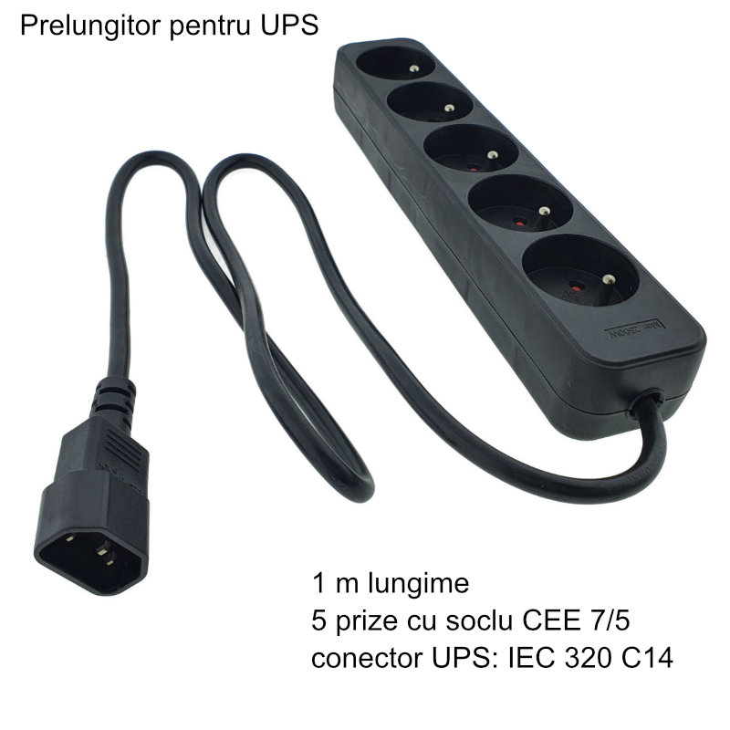 Prelungitor cu 5 prize tip francez pentru UPS, Lanberg 41951, lungime 1m, soclu CEE 7/5, IEC 320 C14, 2500W, negru [6]