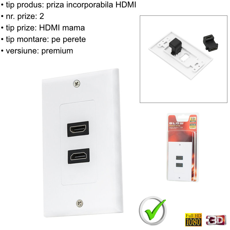 Priza dubla HDMI, Full HD 1080p, 3D, BLOW 05815 Premium Series, montabila pe perete, 70x115 mm, alba [7]