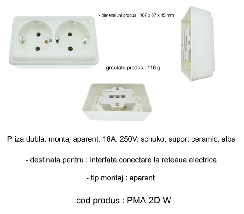 Priza dubla, montaj aparent, 16A, 250V, schuko, suport ceramic, alba [6]