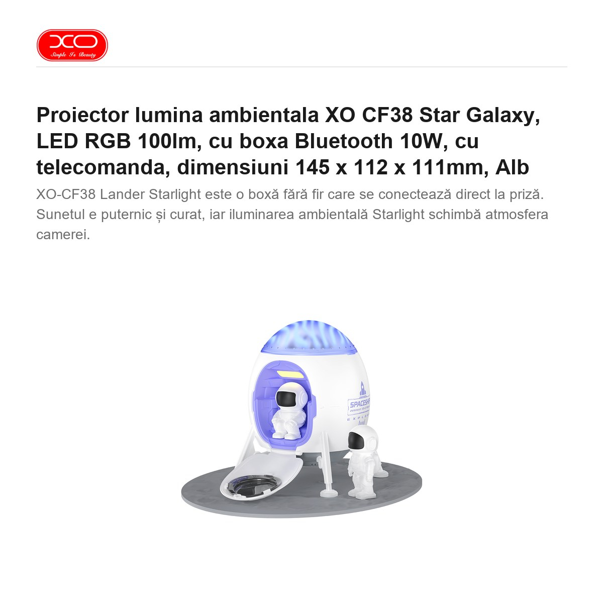 Proiector lumina ambientala XO CF38 Star Galaxy, LED RGB 100lm, cu boxa Bluetooth 10W, cu telecomanda, dimensiuni 145 x 112 x 111mm, Alb [2]