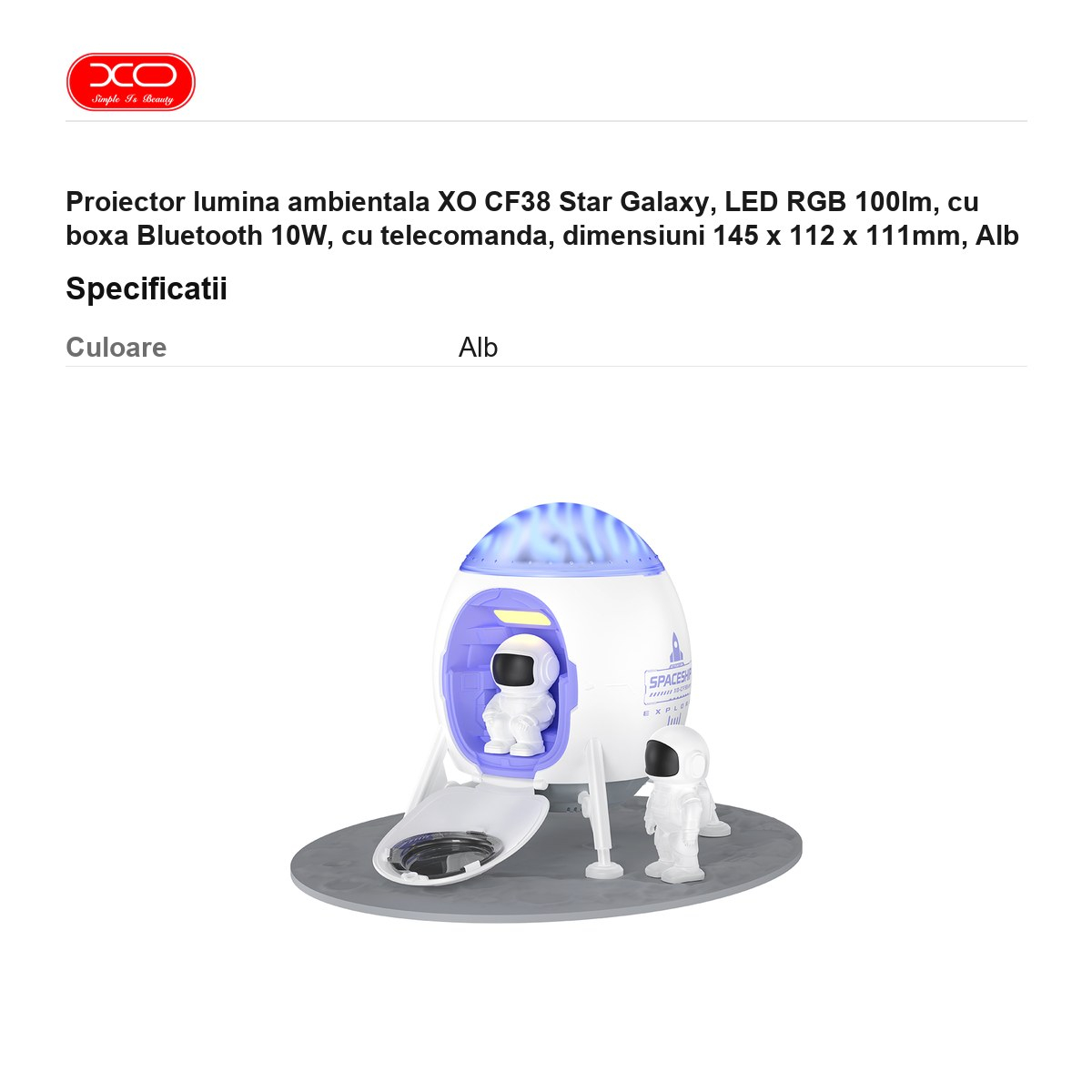 Proiector lumina ambientala XO CF38 Star Galaxy, LED RGB 100lm, cu boxa Bluetooth 10W, cu telecomanda, dimensiuni 145 x 112 x 111mm, Alb [3]
