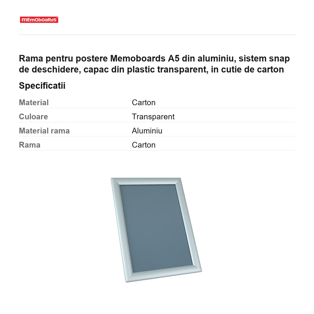 Rama pentru postere Memoboards A5 din aluminiu, sistem snap de deschidere, capac din plastic transparent, in cutie de carton [3]