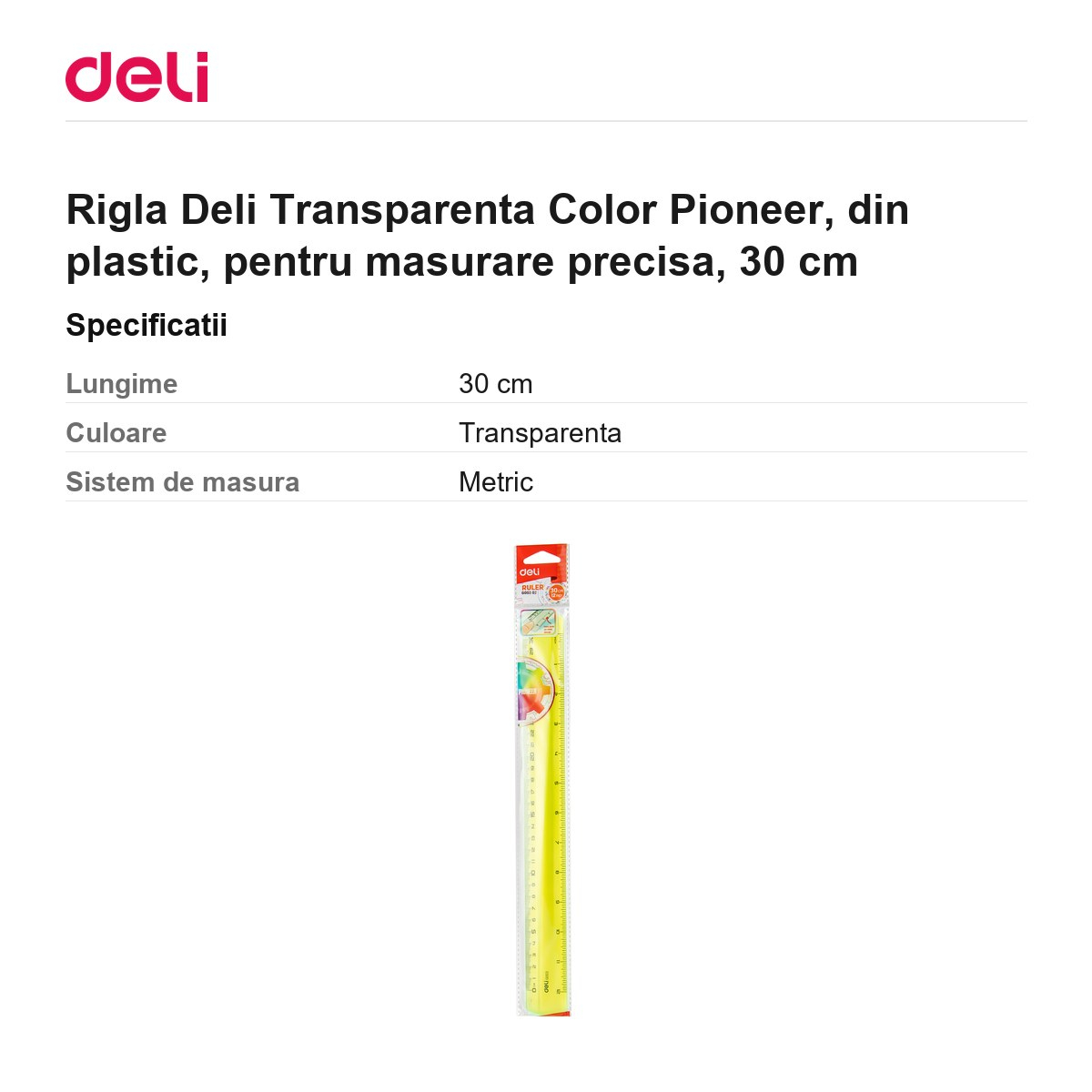 Rigla Deli Transparenta Color Pioneer, din plastic, pentru masurare precisa, 30 cm [3]