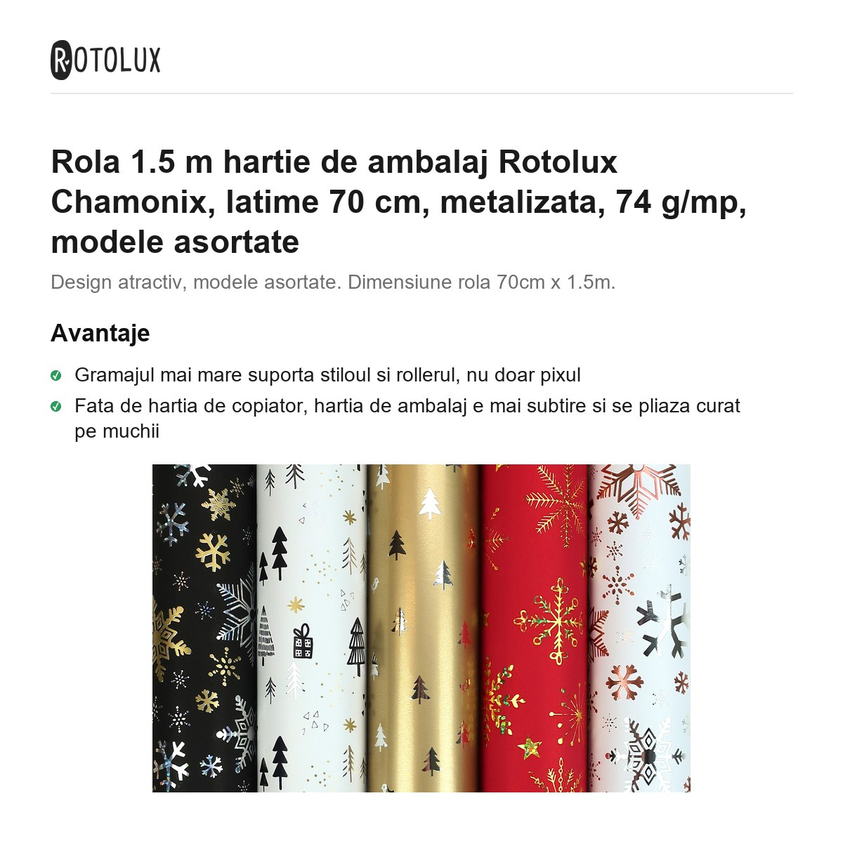 Rola 1.5 m hartie de ambalaj Rotolux Chamonix, latime 70 cm, metalizata, 74 g/mp, modele asortate [2]