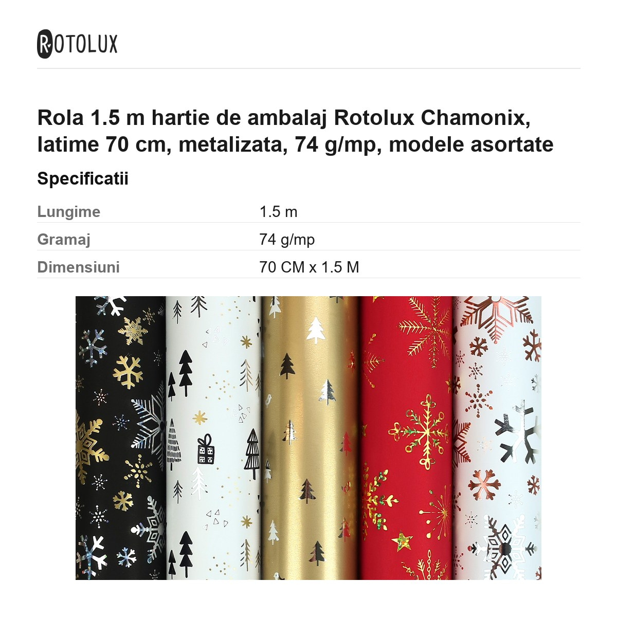 Rola 1.5 m hartie de ambalaj Rotolux Chamonix, latime 70 cm, metalizata, 74 g/mp, modele asortate [3]
