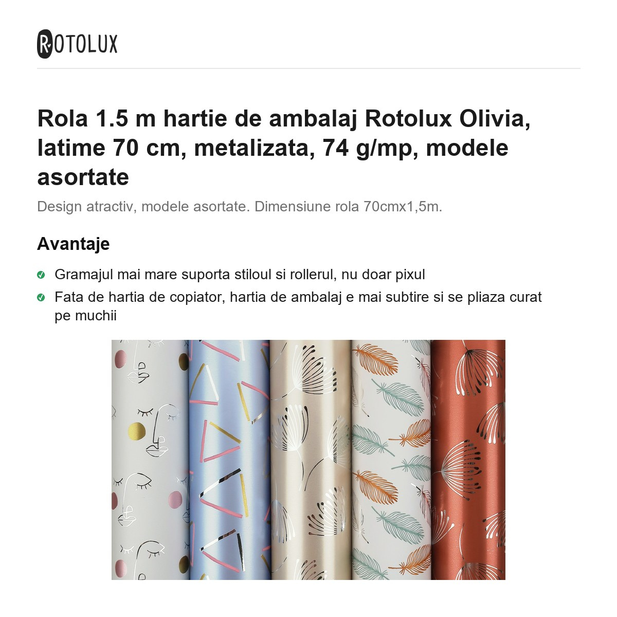 Rola 1.5 m hartie de ambalaj Rotolux Olivia, latime 70 cm, metalizata, 74 g/mp, modele asortate [2]