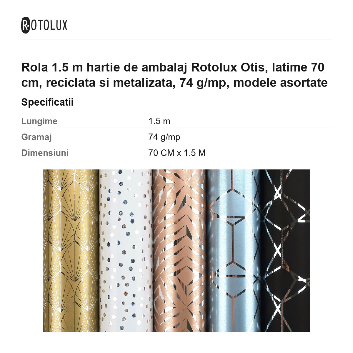 Rola 1.5 m hartie de ambalaj Rotolux Otis, latime 70 cm, reciclata si metalizata, 74 g/mp, modele asortate [3]